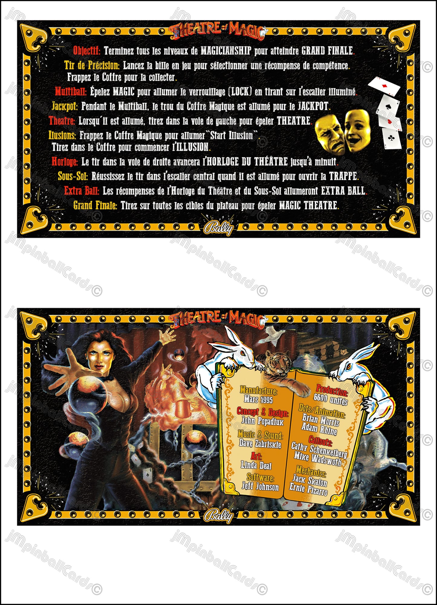 Bally Theatre Of Magic 1995 Jeu Cartes Instructions Flipper Custom Apron règles imprimées